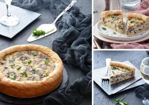 Пирог с начинкой из шампиньонов и плавленных сырков.