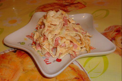 Салат с яичными блинчиками и колбасой. Салат с яичными блинами и колбасой