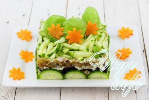Салат из курицы с черносливом и грецкими орехами и сыром и грибами. Рецепт 1: салат с грибами и черносливом слоями с огурцом (с фото)