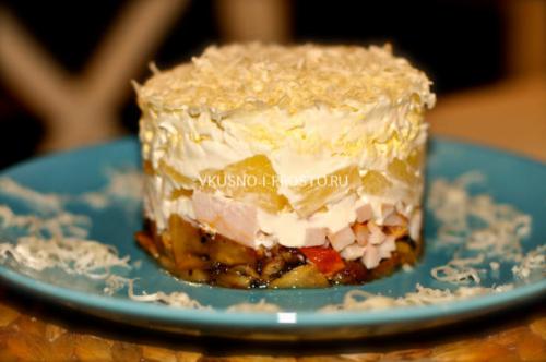 Салат из копченой куриной грудки с ананасом и грибами. Салат с копченой грудкой и ананасами