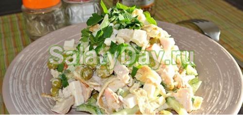 Салат из яичных блинчиков с курицей кукурузой и огурцом. Салат из яичных блинчиков с курицей и зеленым горошком