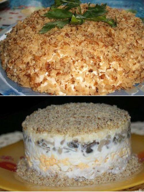 Салат с черносливом и курицей слоями с сыром и огурцом и яйцом Березка.