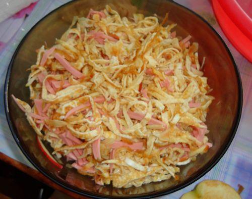 Салат с яичными блинчиками и колбасой. Салат с яичными блинами и колбасой