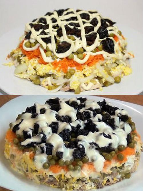 Салат с черносливом и курицей слоями с сыром и огурцом и яйцом Березка.