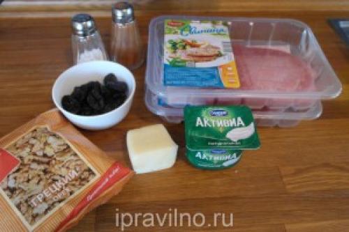 Мясные рулетики с черносливом и грецкими орехами. Рулетики из свиного шницеля с черносливом и орехами: рецепт с пошаговыми фото