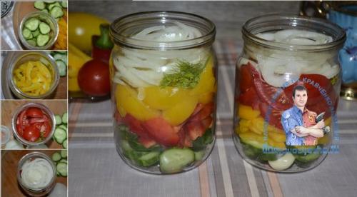 Салат слоями огурцы, помидоры, лук, перец, на зиму. Лето в банке!