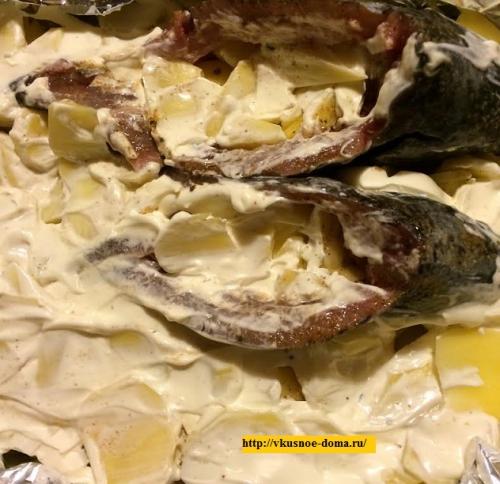 Карп, фаршированный картофелем на луковой шубе