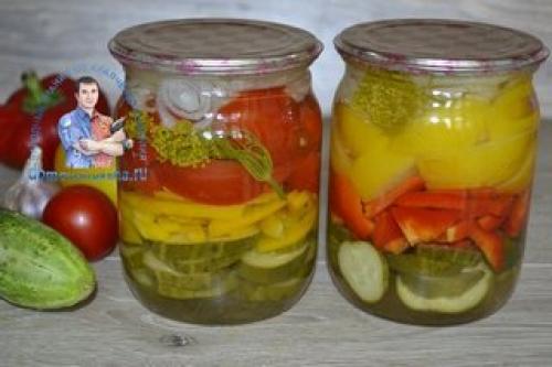 Салат слоями огурцы, помидоры, лук, перец, на зиму. Лето в банке!