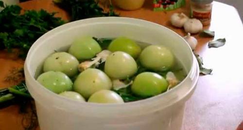 Бочковые зеленые помидоры в ведре рецепт с горчицей.  Засолка помидоров холодным способом без уксуса