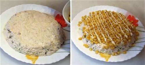 Салат с куриной грудкой, кукурузой и солеными огурцами