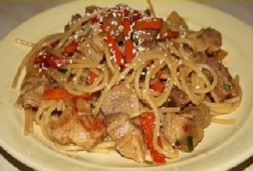 Спагетти с курицей и соусом терияки. Спагетти с курицей под соусом Терияки