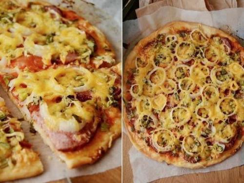 Пицца с луком колбасой и сыром. Пицца с колбасой и луком на тонком тесте