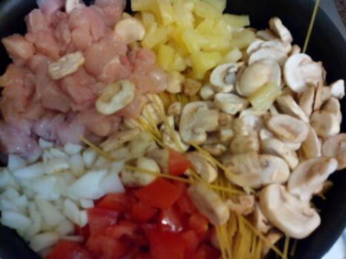 Паста с курицей и грибами и помидорами. Спагетти (паста) с курицей, грибами и овощами. Мой фоторецепт