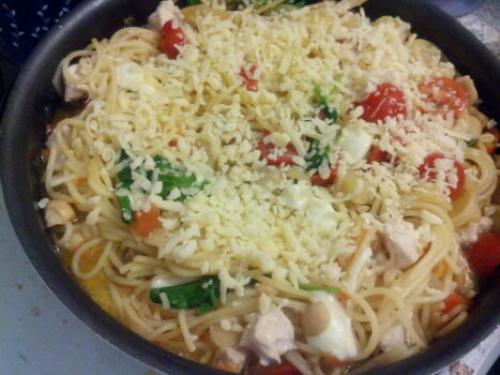 Паста с курицей и грибами и помидорами. Спагетти (паста) с курицей, грибами и овощами. Мой фоторецепт