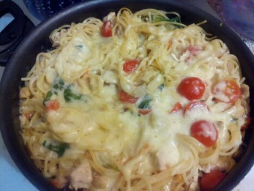 Паста с курицей и грибами и помидорами. Спагетти (паста) с курицей, грибами и овощами. Мой фоторецепт