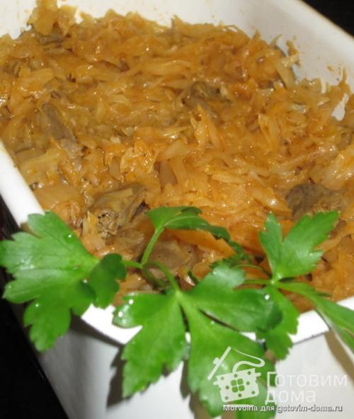 Тушеные желудки с капустой. Очень вкусная тушеная капуста с куриными желудками и грибами 04