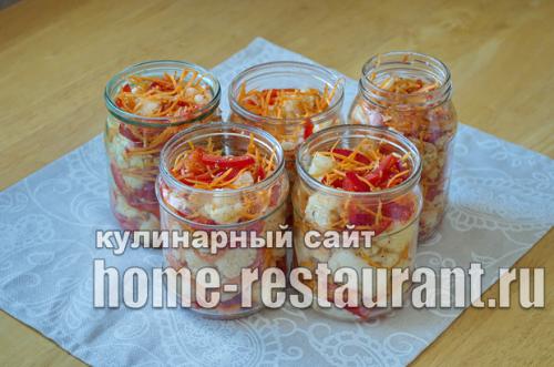 Маринованная цветная капуста на зиму по-корейски.