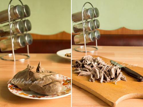 Слоеный салат из свиного сердца с шампиньонами.. Салат из свиного сердца с грибами: пошагово с фото 08 Слоеный салат из свиного сердца с шампиньонами.. Салат из свиного сердца с грибами: пошагово с фото 08