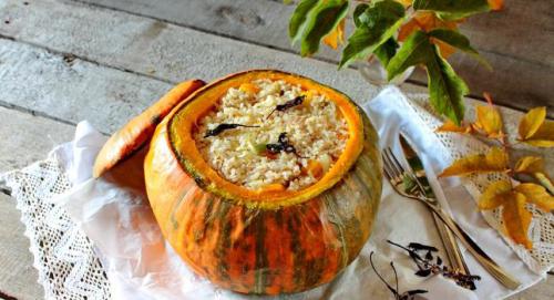 Азербайджанский плов в тыкве. Плов с курицей в тыкве